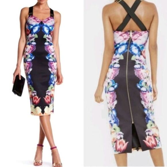 Ted Baker Deony Colorful Floral Bodycon Scuba Midi Dress US 6 Buckle Strap - Picture 1 of 14